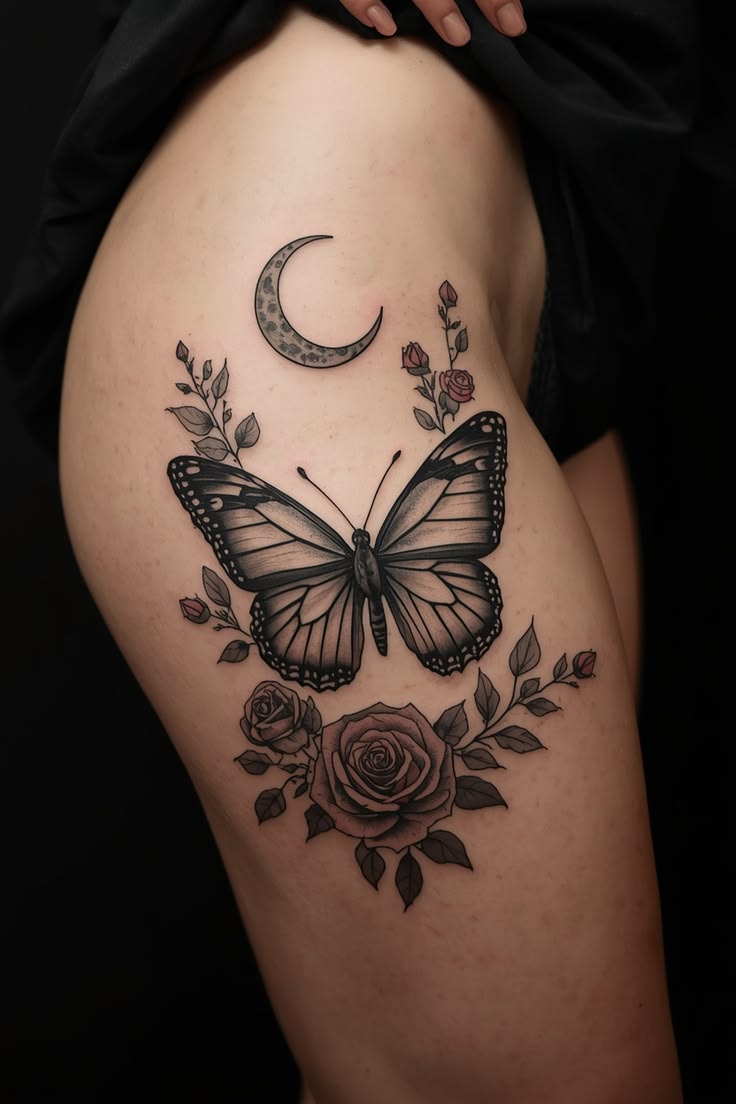 Farfalla, luna e rose tatuate sulla coscia