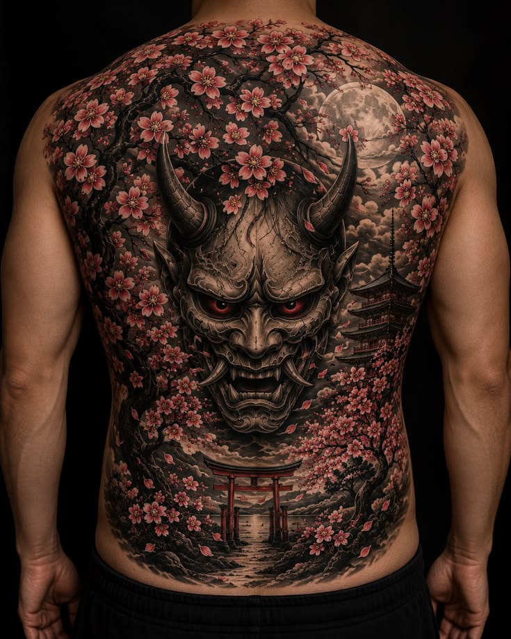 Schiena con maschera hannya, ciliegi e torii