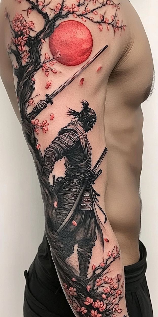 Manica con samurai, sole rosso e ciliegi in fiore